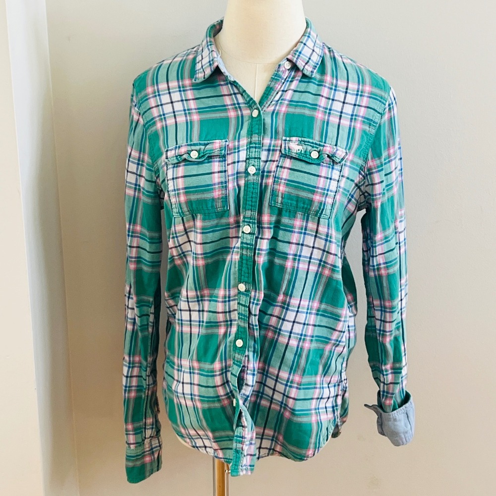 Abercrombie & Fitch Womens Green Pink Plaid Button Down Flannel Shirt Small